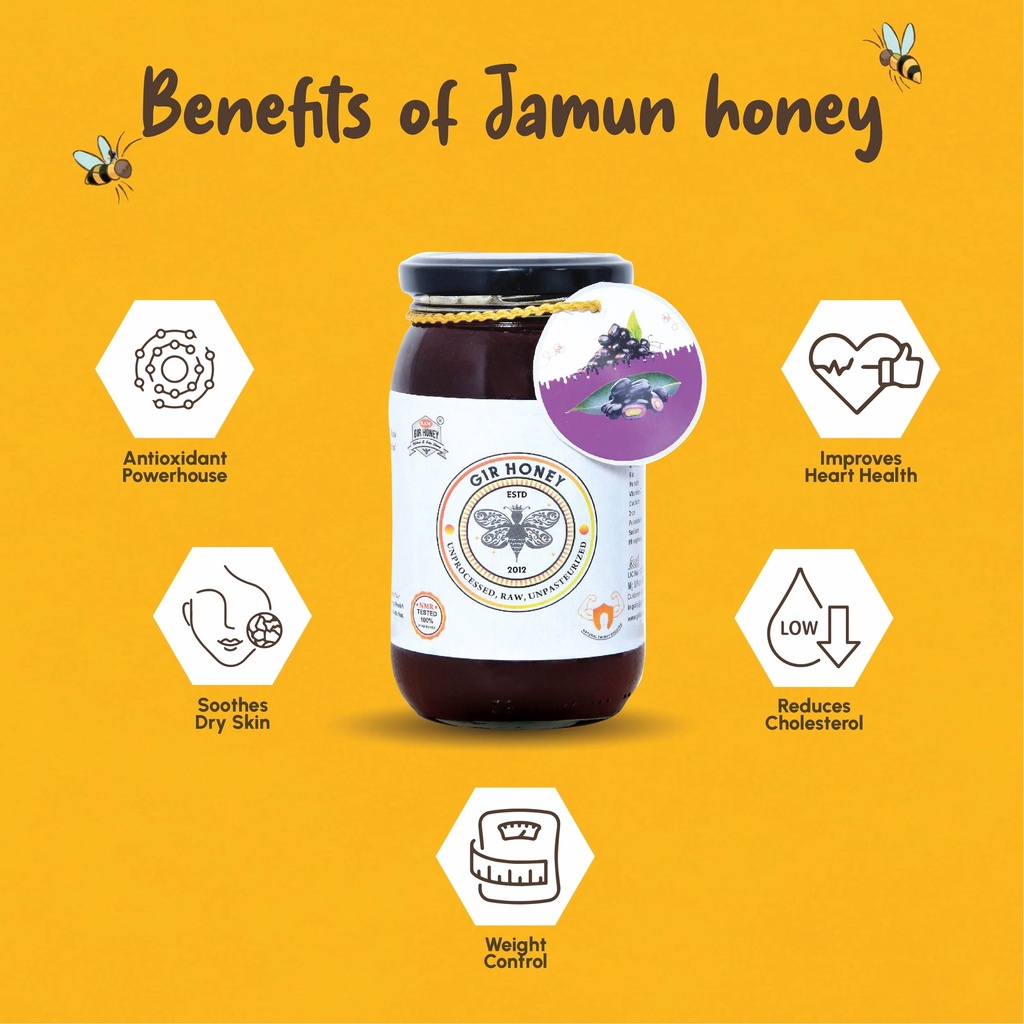 GIR HONEY JAMUN Organic Raw Honey | NMR Tested 100% Raw & Pure Honey | Unprocessed, Unpasteurized, Unheated & Unadulterated | 250gm Jar