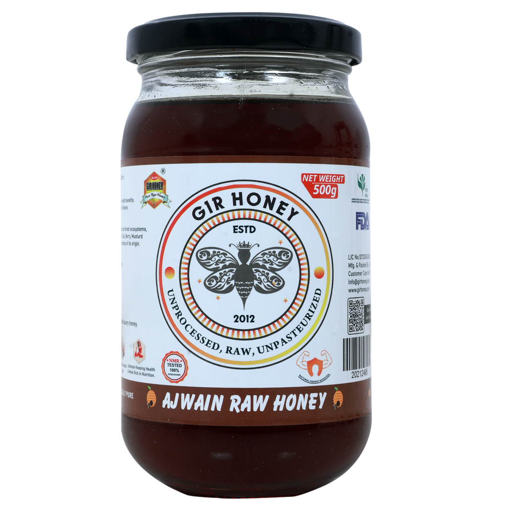 GIR HONEY AJWAIN Organic Raw Honey | NMR Tested 100% Raw & Pure Honey | Unprocessed, Unpasteurized, Unheated & Unadulterated | 500gm Jar