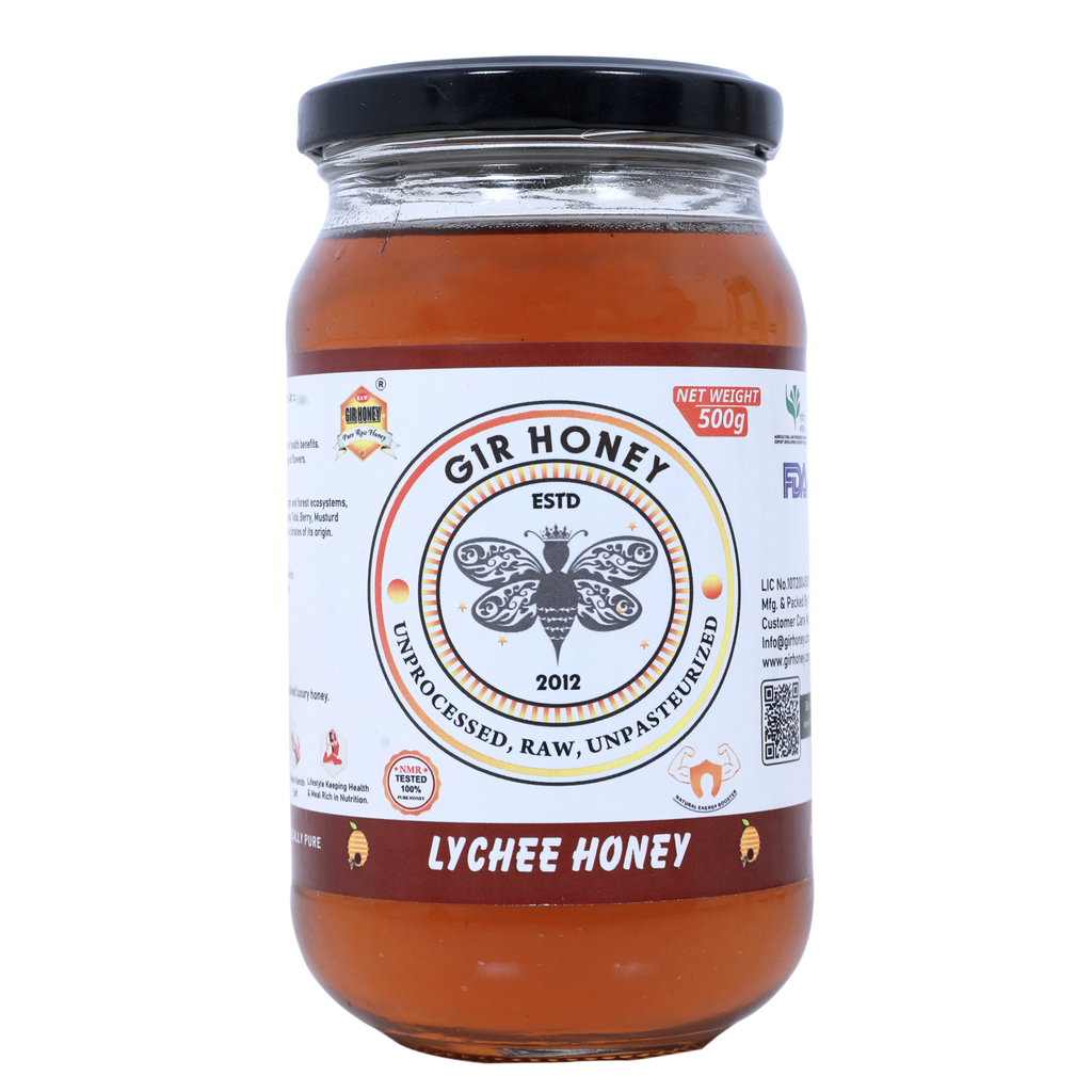 GIR HONEY LYCHEE Organic Raw Honey | NMR Tested 100% Raw & Pure Honey | Unprocessed, Unpasteurized, Unheated & Unadulterated | 500gm Jar